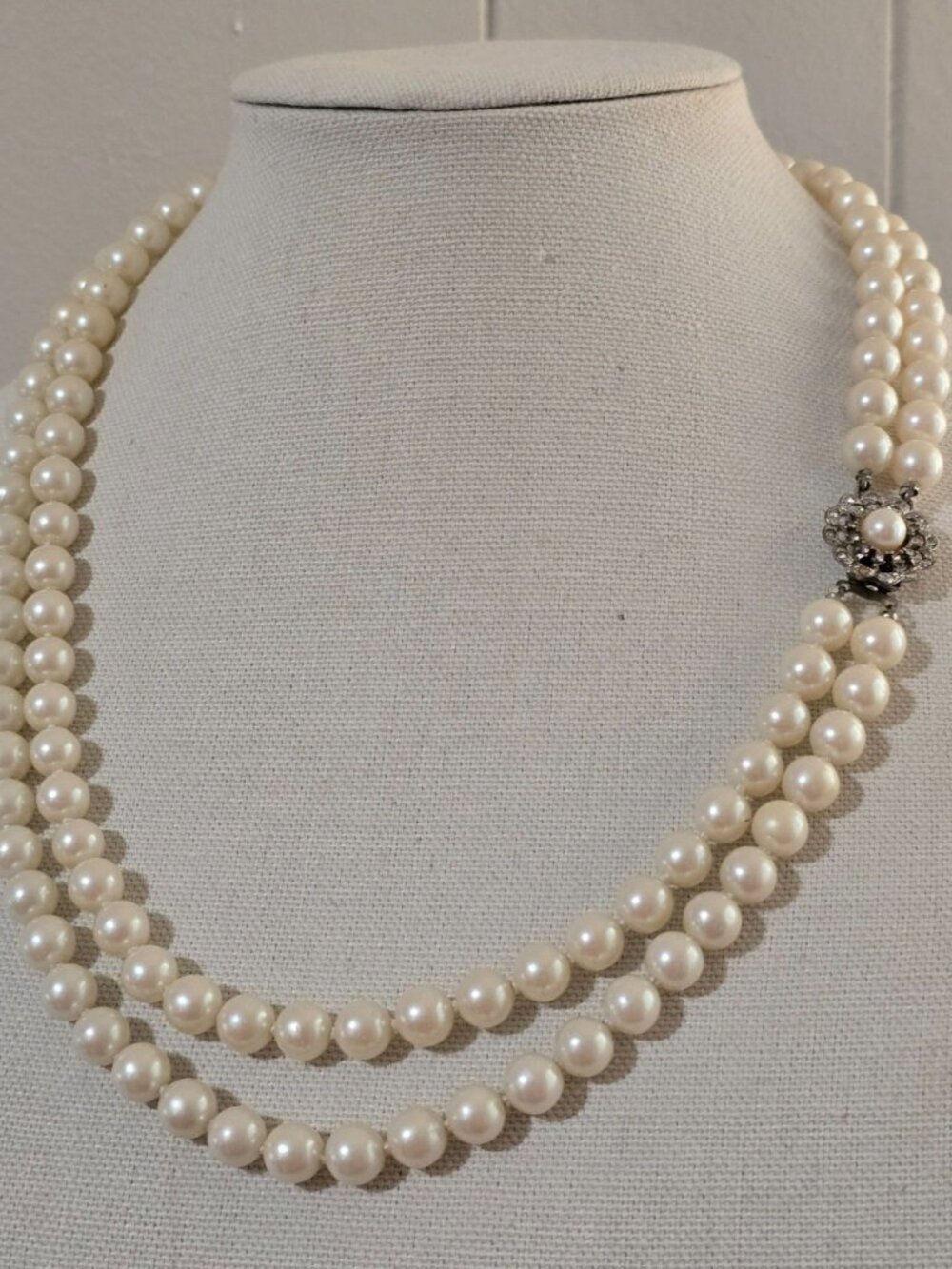 Vintage Double Strand Pearl Necklace Rhinestone Flower Clasp Knotted